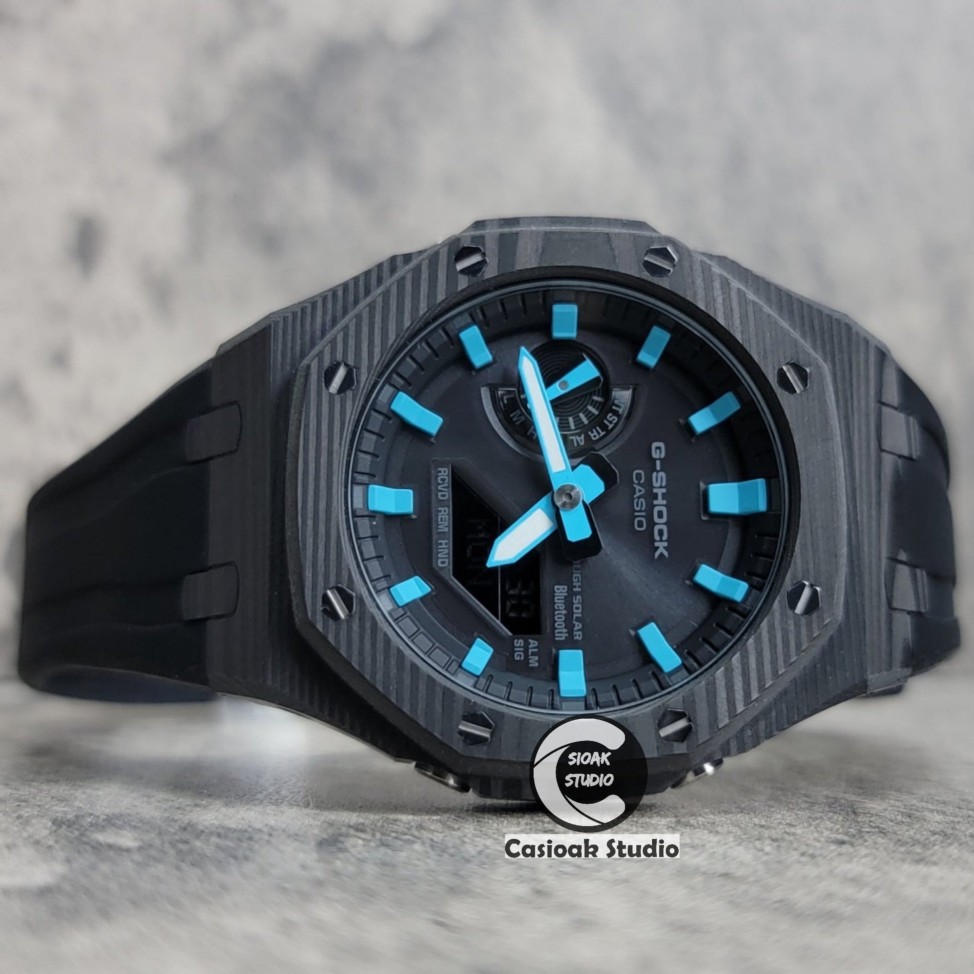 Casioak Mod Watch Solar Bluetooth Carbon Fiber Case Black Strap Black Tiffany Time Mark Black Dial 44mm - Casioak Studio