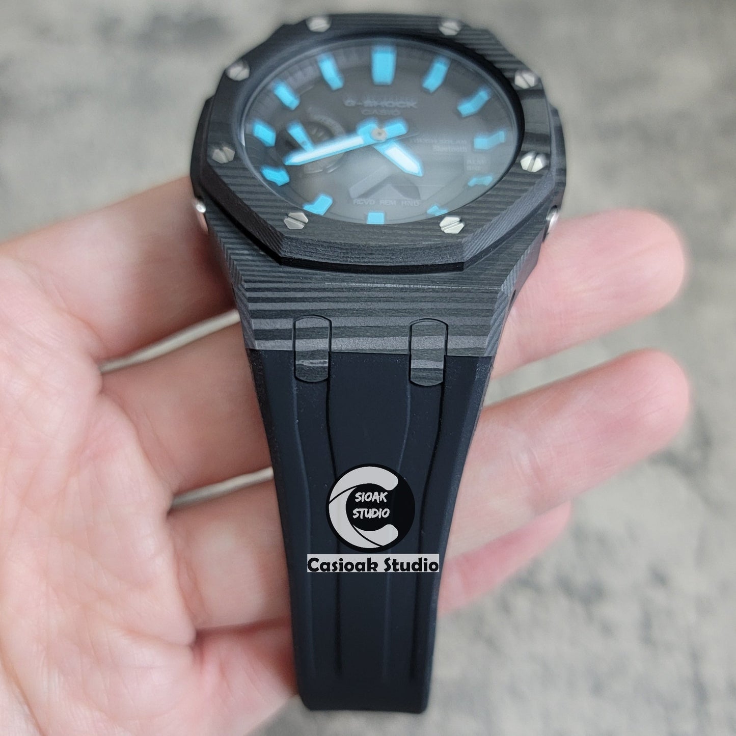 Casioak Mod Watch Solar Bluetooth Carbon Fiber Case Black Strap Black Tiffany Time Mark Black Dial 44mm - Casioak Studio