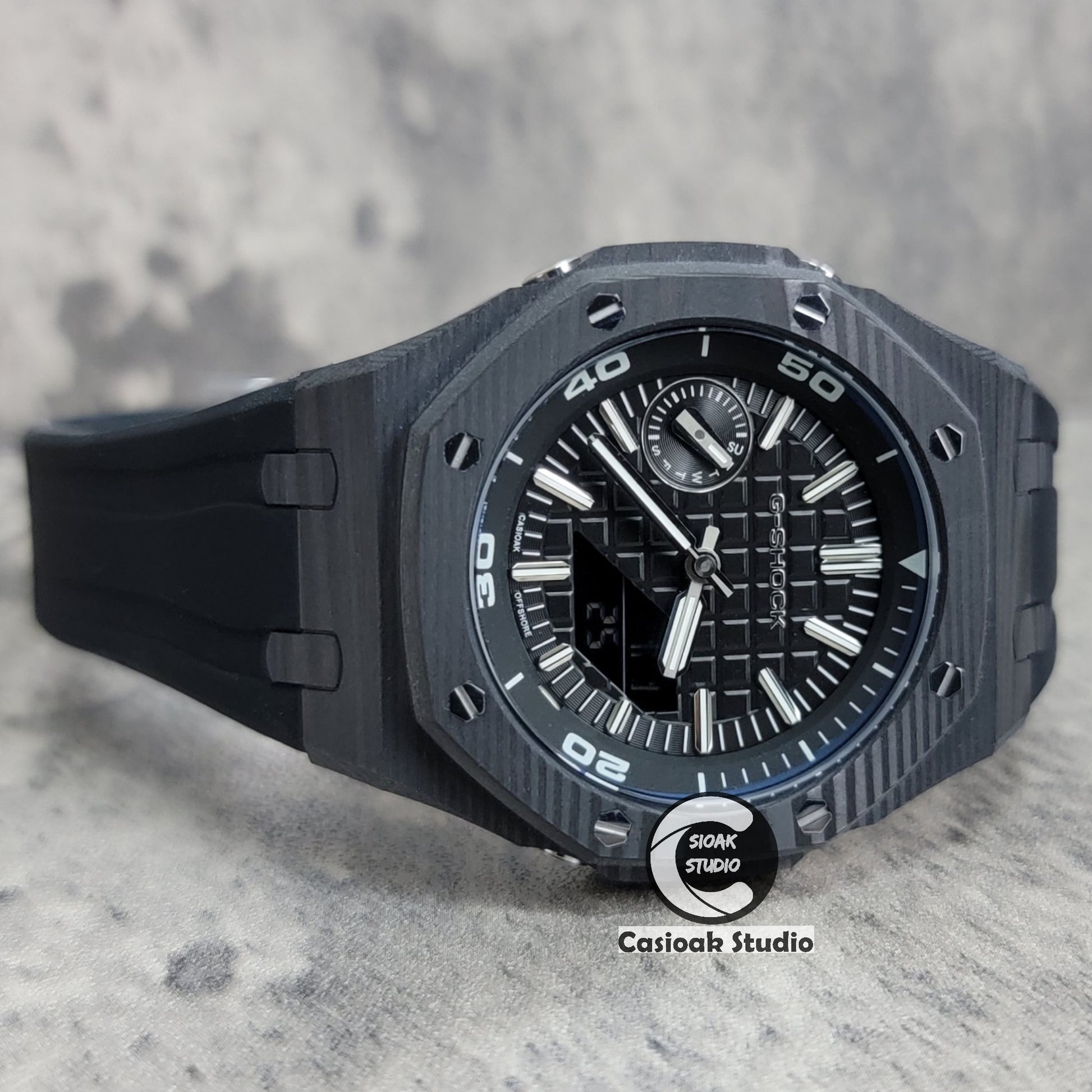 Casioak Mod Watch NEW Carbon Fiber Black Case Black Strap Black Silve Time Mark Black Dial 44mm - Casioak Studio