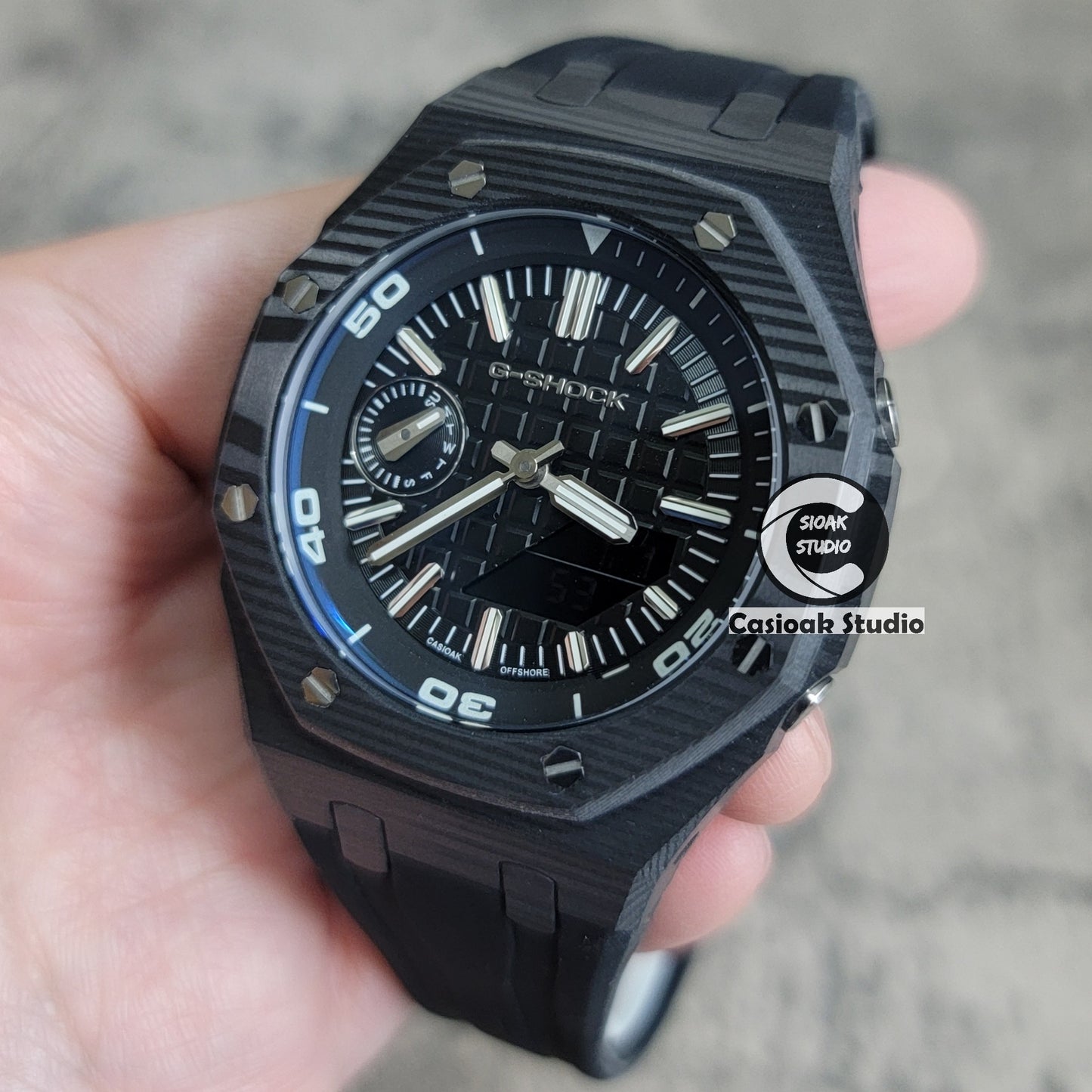 Casioak Mod Watch NEW Carbon Fiber Black Case Black Strap Black Silve Time Mark Black Dial 44mm - Casioak Studio