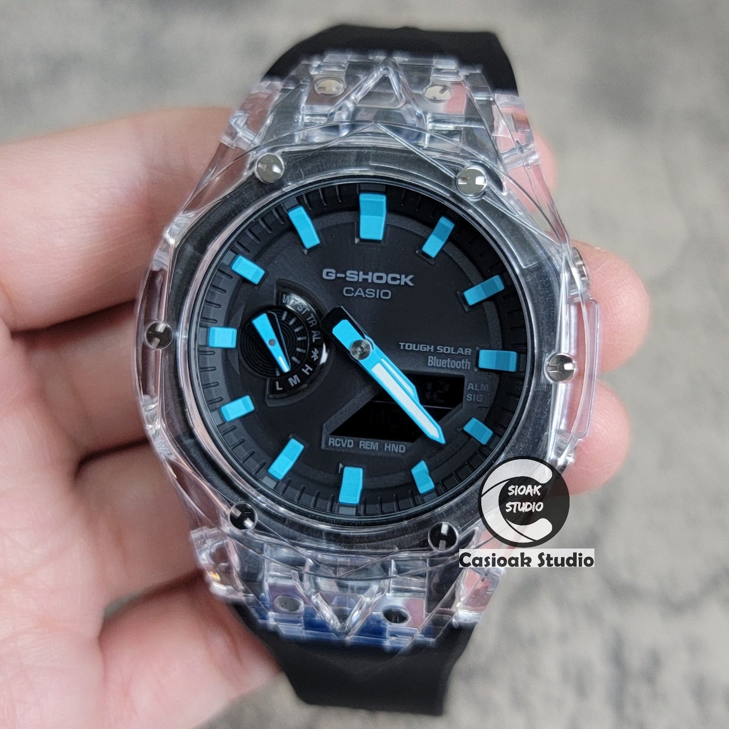 Casioak Mod Watch Solar Bluetooth Transparent Case Black Strap Black Tiffany Time Mark Black Dial 44mm - Casioak Studio