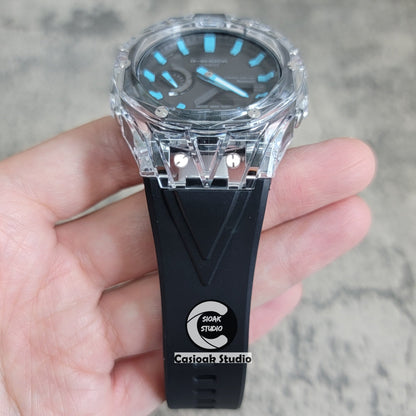 Casioak Mod Watch Solar Bluetooth Transparent Case Black Strap Black Tiffany Time Mark Black Dial 44mm - Casioak Studio