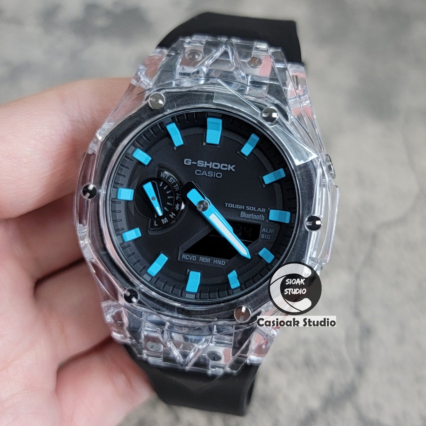 Casioak Mod Watch Solar Bluetooth Transparent Case Black Strap Black Tiffany Time Mark Black Dial 44mm - Casioak Studio