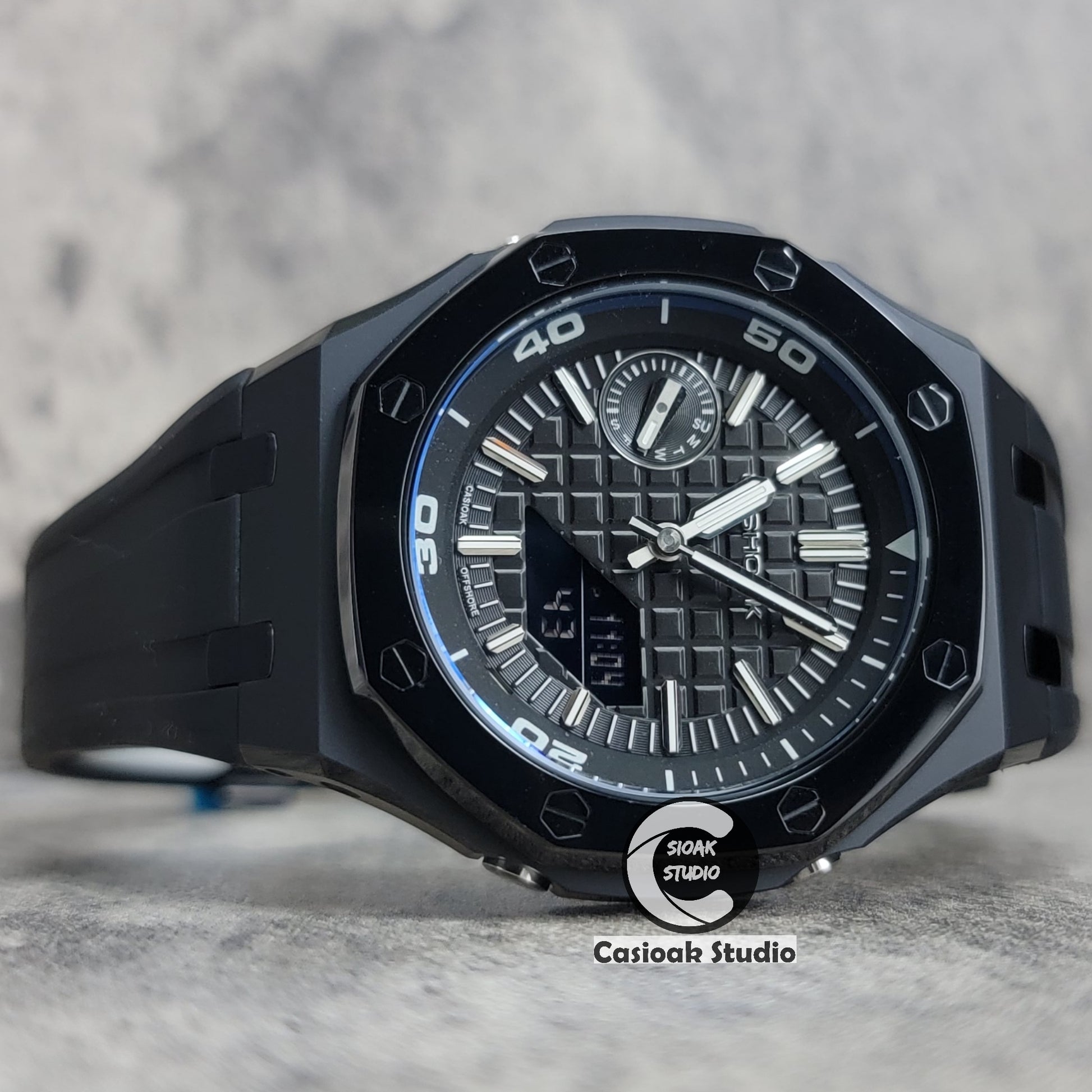 Casioak Mod Watch NEW Polished Black Case Black Strap Silver Time Mark Black Dial 44mm Sapphire Glass - Casioak Studio