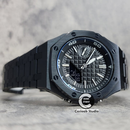 Casioak Mod Watch NEW Black Case Metal Strap Black Silver Time Mark Black Dial 44mm Sapphire Glass - Casioak Studio