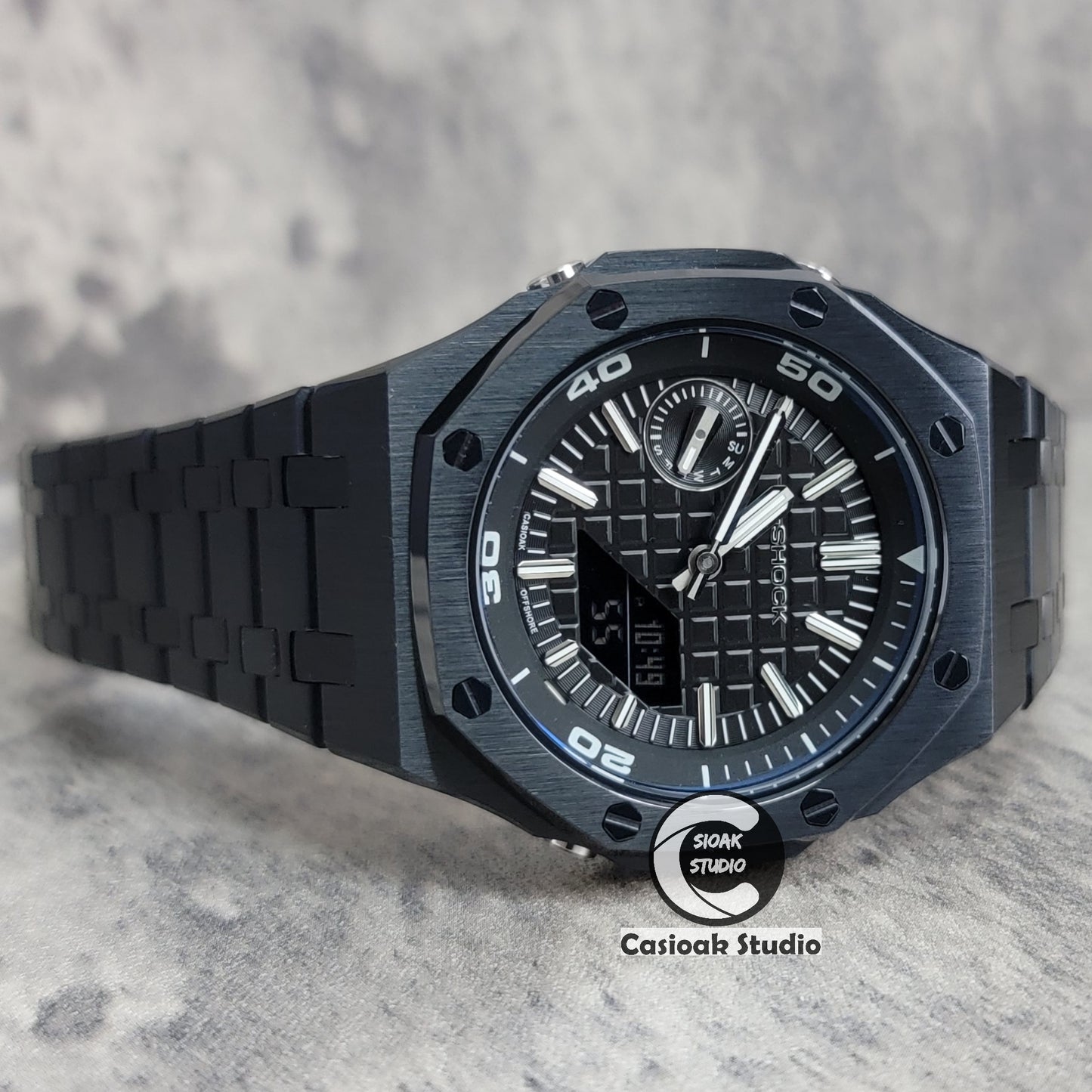 Casioak Mod Watch NEW Black Case Metal Strap Black Silver Time Mark Black Dial 44mm Sapphire Glass - Casioak Studio