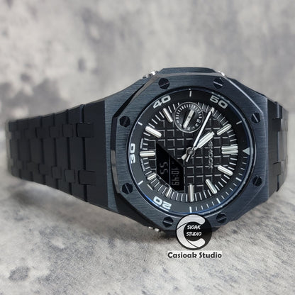 Casioak Mod Watch NEW Black Case Metal Strap Black Silver Time Mark Black Dial 44mm Sapphire Glass - Casioak Studio