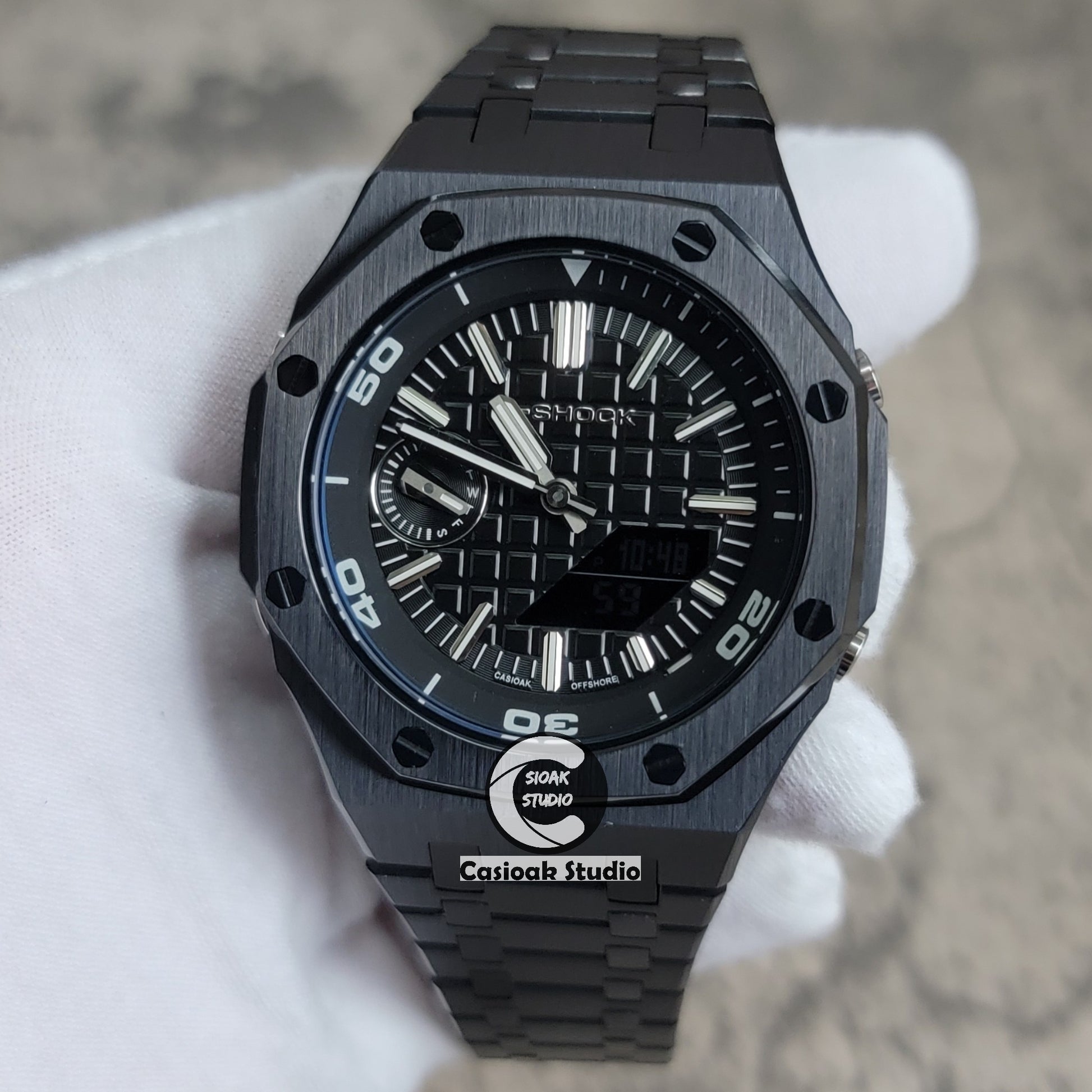 Casioak Mod Watch NEW Black Case Metal Strap Black Silver Time Mark Black Dial 44mm Sapphire Glass - Casioak Studio