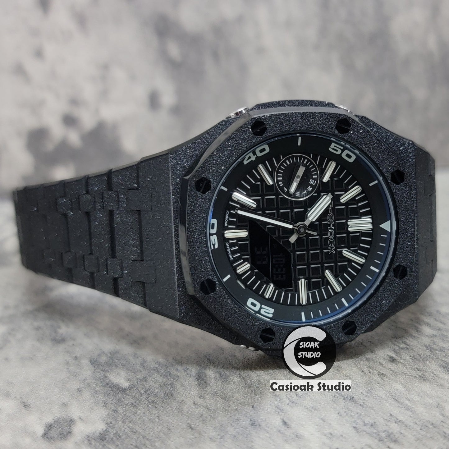 Casioak Mod Watch NEW Frosted Black Case Metal Strap Silver Time Mark White Dial 44mm Sapphire Glass - Casioak Studio