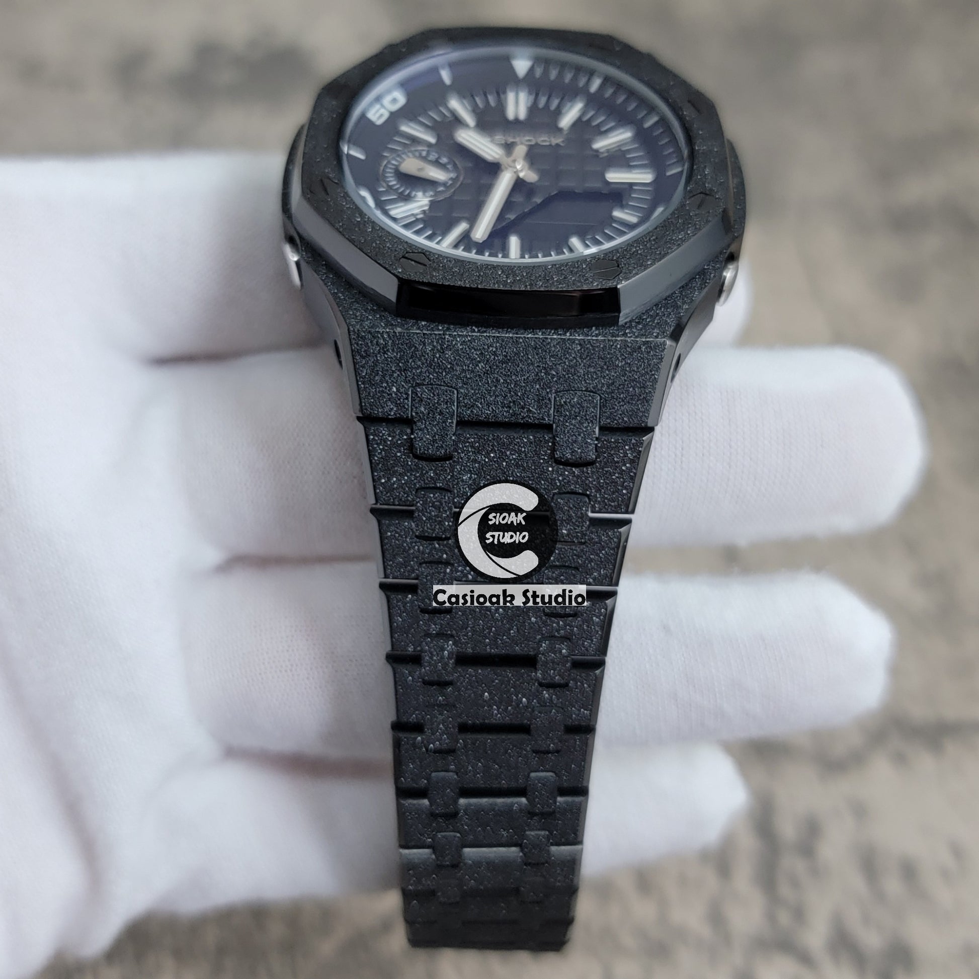 Casioak Mod Watch NEW Frosted Black Case Metal Strap Silver Time Mark White Dial 44mm Sapphire Glass - Casioak Studio