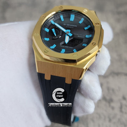 Casioak Mod Watch Solar Bluetooth Gold Case Black Rubber Strap Black Tiffany Time Mark Black Dial 44mm - Casioak Studio
