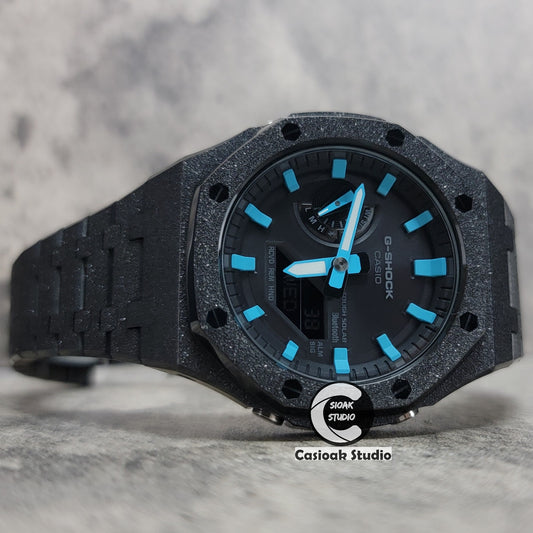 Casioak Mod Watch Solar Bluetooth Frosted Black Case Metal Strap Black Blue Time Mark Black Dial 44mm