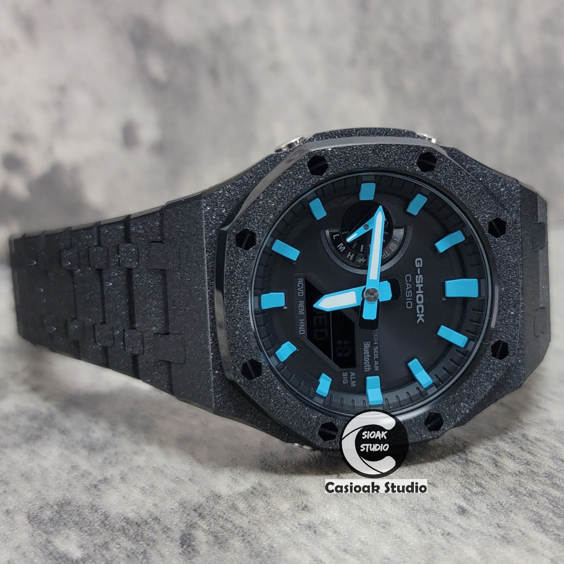 Casioak Mod Watch Solar Bluetooth Frosted Black Case Metal Strap Black Blue Time Mark Black Dial 44mm - Casioak Studio