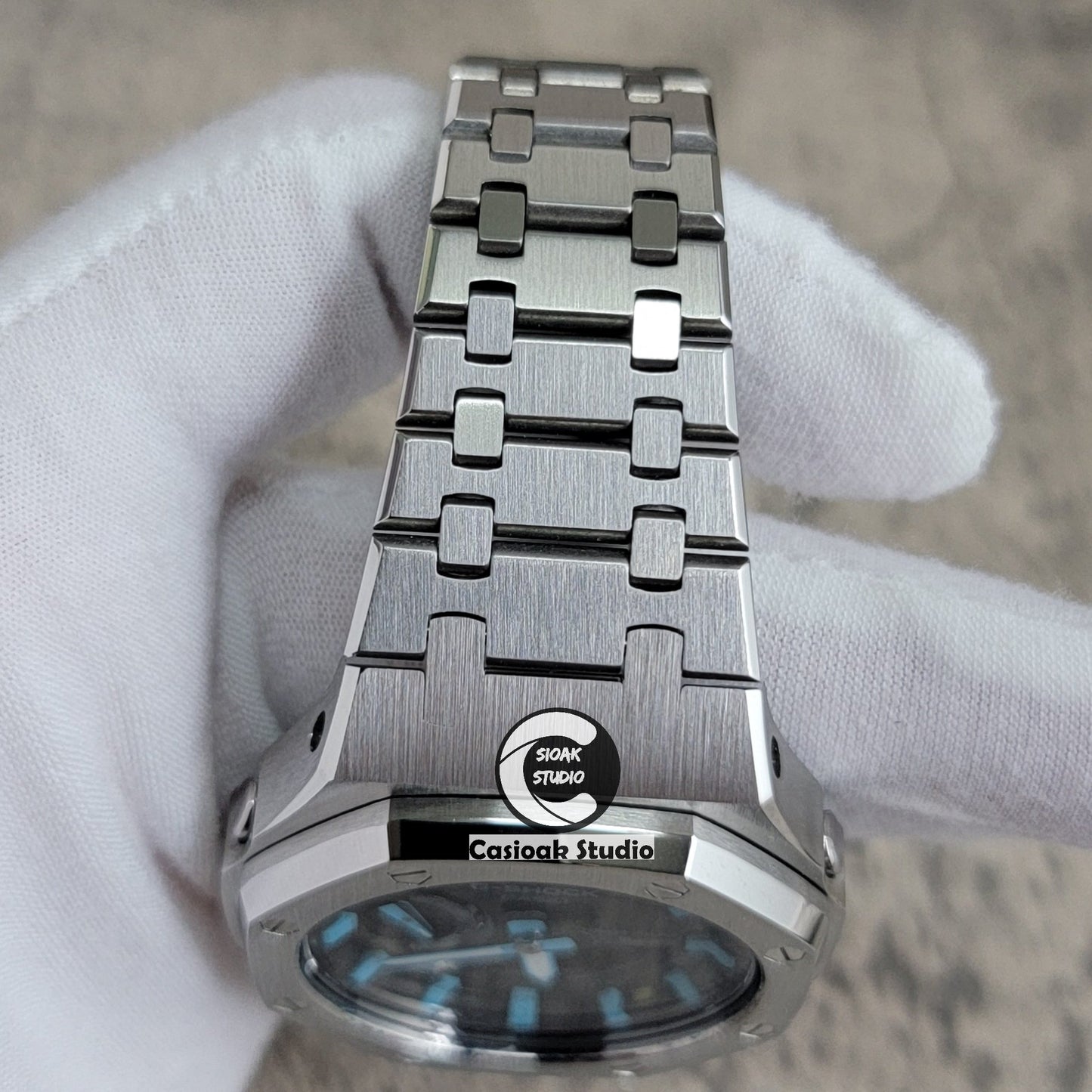 Casioak Mod Watch Solar Bluetooth Silver Case Metal Strap Black Tiffany Time Mark Black Dial 44mm - Casioak Studio