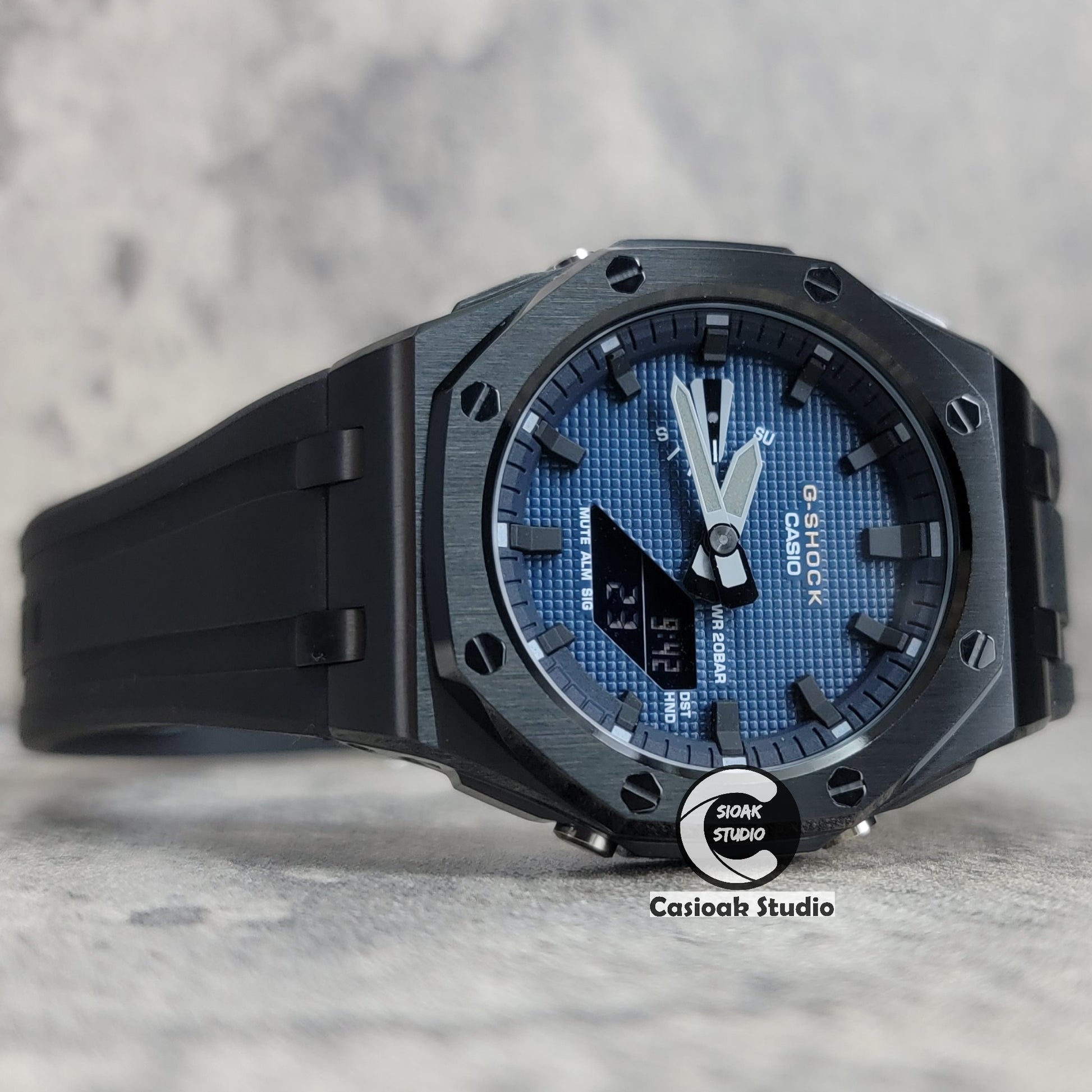 Casioak Mod Watch Offshore Superior Black Case Black Rubber Rubber Strap Blue Black Time Mark Blue Waffle Dial 44mm - Casioak Studio