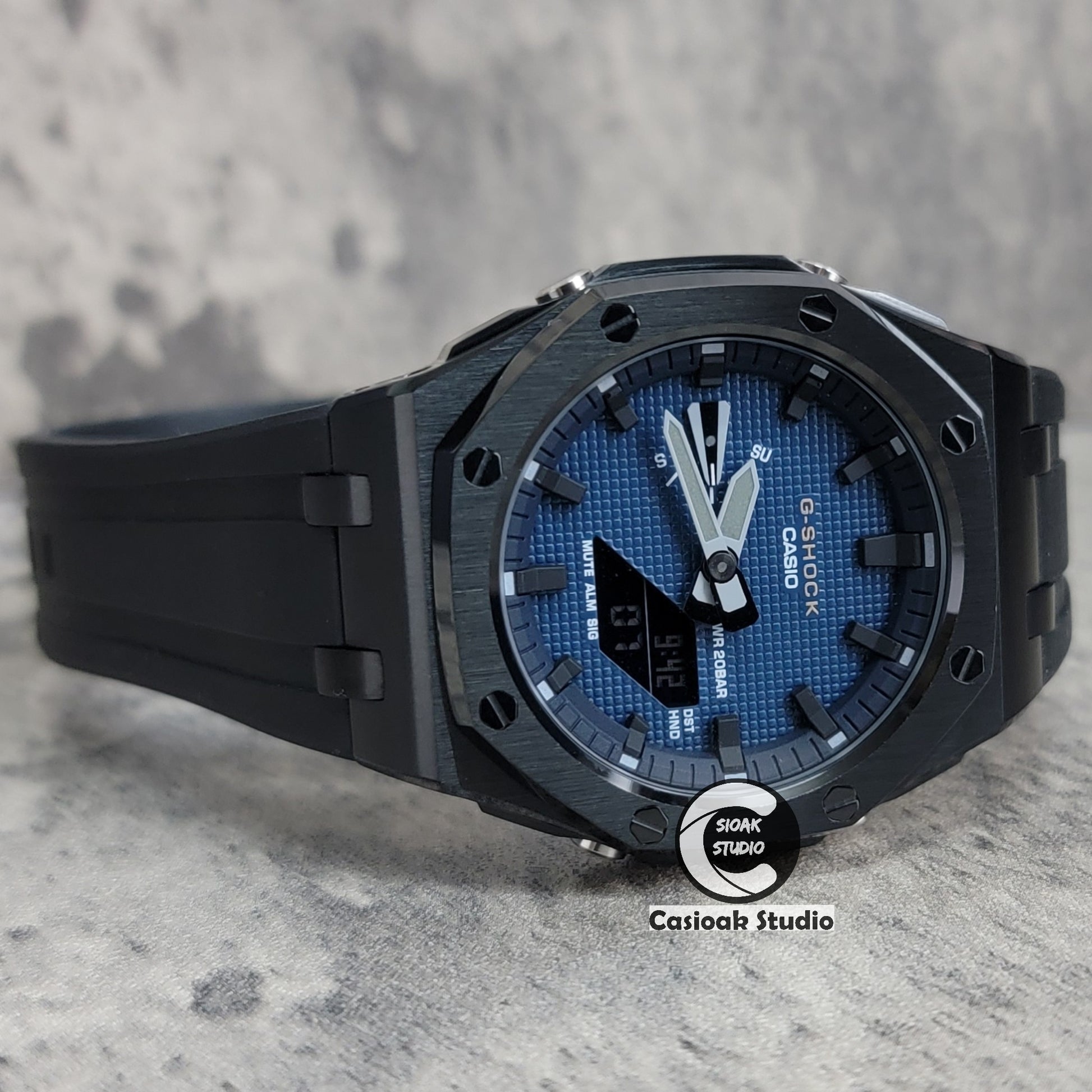 Casioak Mod Watch Offshore Superior Black Case Black Rubber Rubber Strap Blue Black Time Mark Blue Waffle Dial 44mm - Casioak Studio