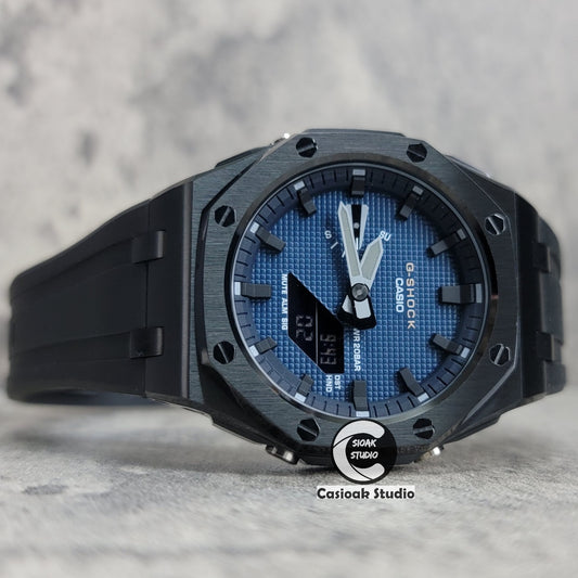 Casioak Mod Watch Offshore Superior Black Case Black Rubber Rubber Strap Blue Black Time Mark Blue Waffle Dial 44mm - Casioak Studio