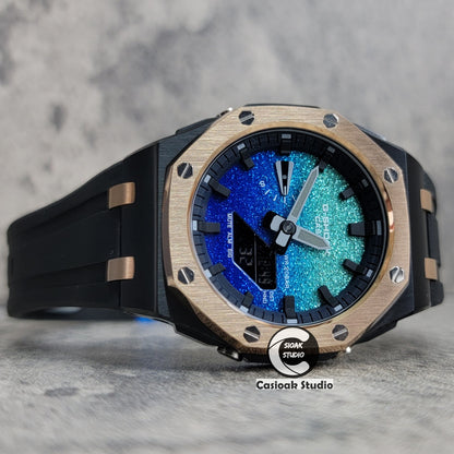 Casioak Mod Watch Offshore Superior Rose Gold Black Case Black Rubber Strap Blue Black Time Mark Blue Waffle Dial 44mm - Casioak Studio