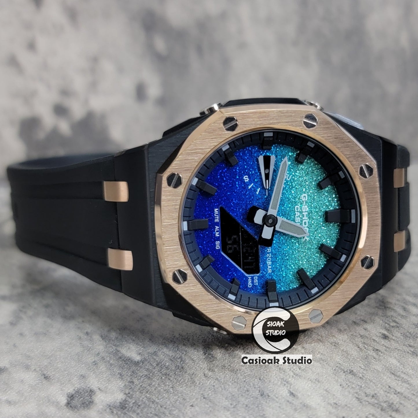 Casioak Mod Watch Offshore Superior Rose Gold Black Case Black Rubber Strap Blue Black Time Mark Blue Waffle Dial 44mm - Casioak Studio