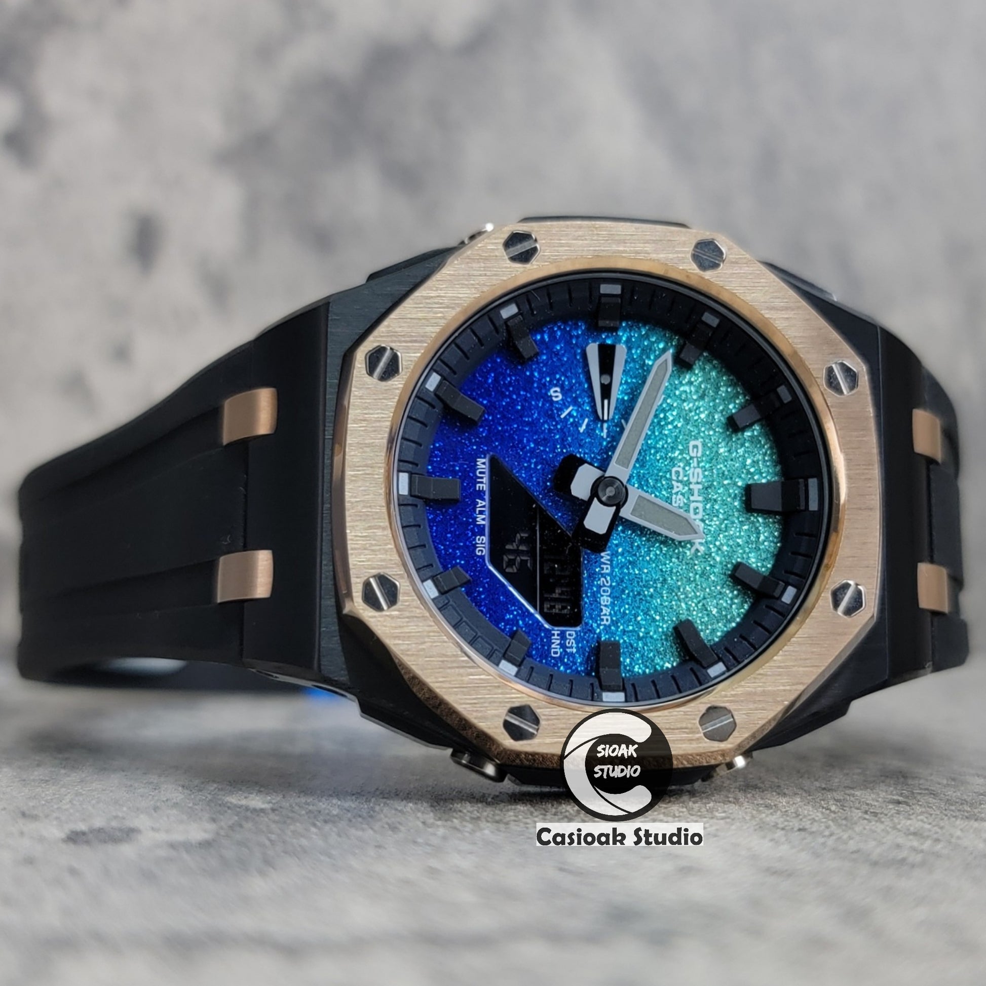 Casioak Mod Watch Offshore Superior Rose Gold Black Case Black Rubber Strap Blue Black Time Mark Blue Waffle Dial 44mm - Casioak Studio