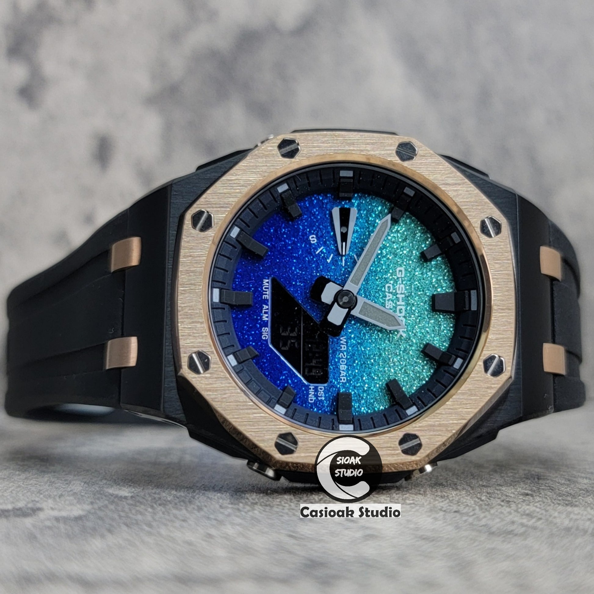 Casioak Mod Watch Offshore Superior Rose Gold Black Case Black Rubber Strap Blue Black Time Mark Blue Waffle Dial 44mm - Casioak Studio