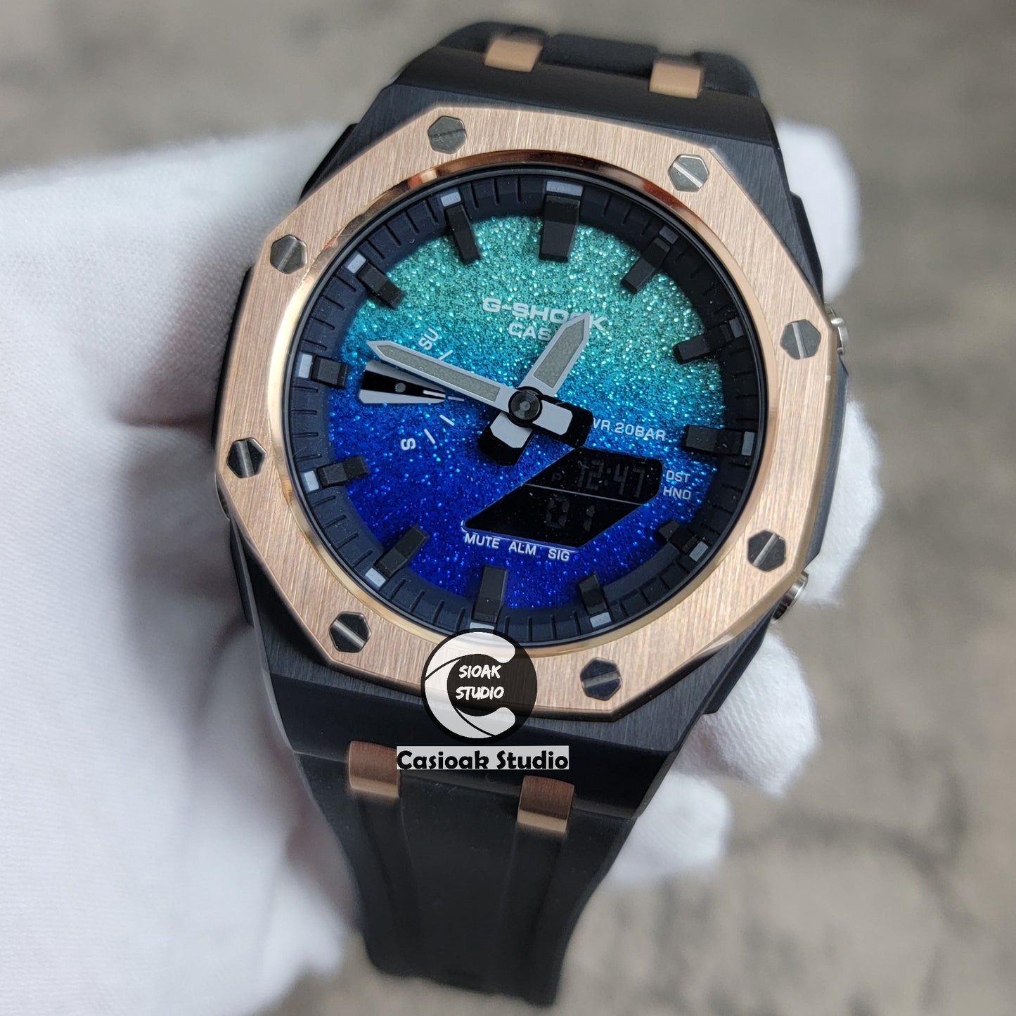 Casioak Mod Watch Offshore Superior Rose Gold Black Case Black Rubber Strap Blue Black Time Mark Blue Waffle Dial 44mm - Casioak Studio