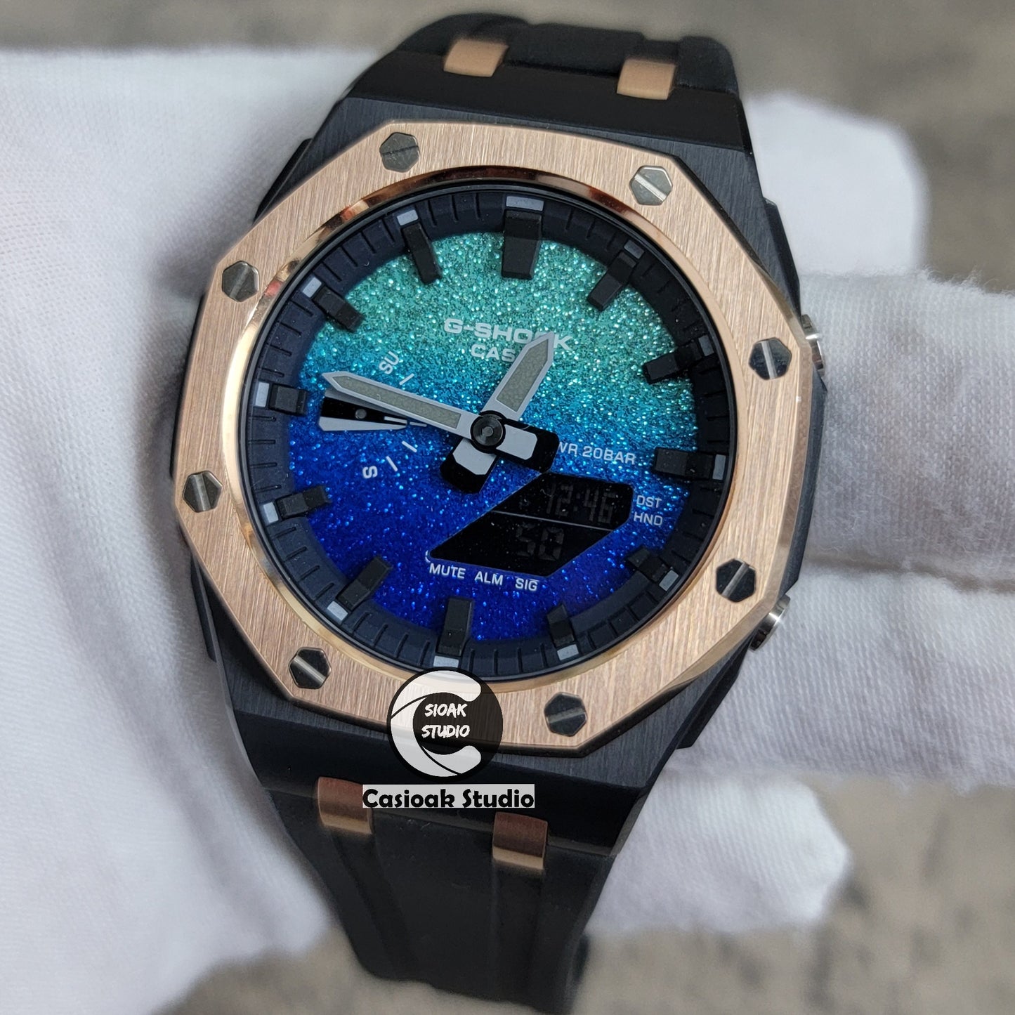 Casioak Mod Watch Offshore Superior Rose Gold Black Case Black Rubber Strap Blue Black Time Mark Blue Waffle Dial 44mm - Casioak Studio