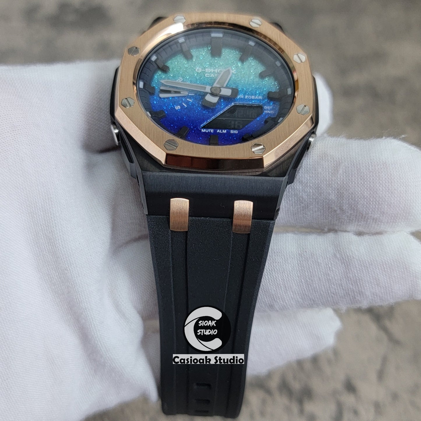 Casioak Mod Watch Offshore Superior Rose Gold Black Case Black Rubber Strap Blue Black Time Mark Blue Waffle Dial 44mm - Casioak Studio