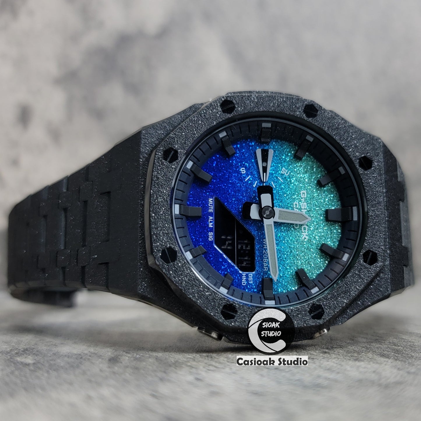 Casioak Mod Watch Frosted Black Case Metal Strap Blue Black Time Mark Starry Blue Dial 44mm - Casioak Studio