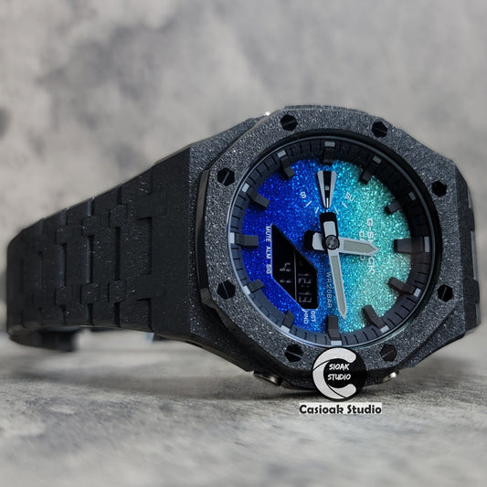 Casioak Mod Watch Frosted Black Case Metal Strap Blue Black Time Mark Starry Blue Dial 44mm