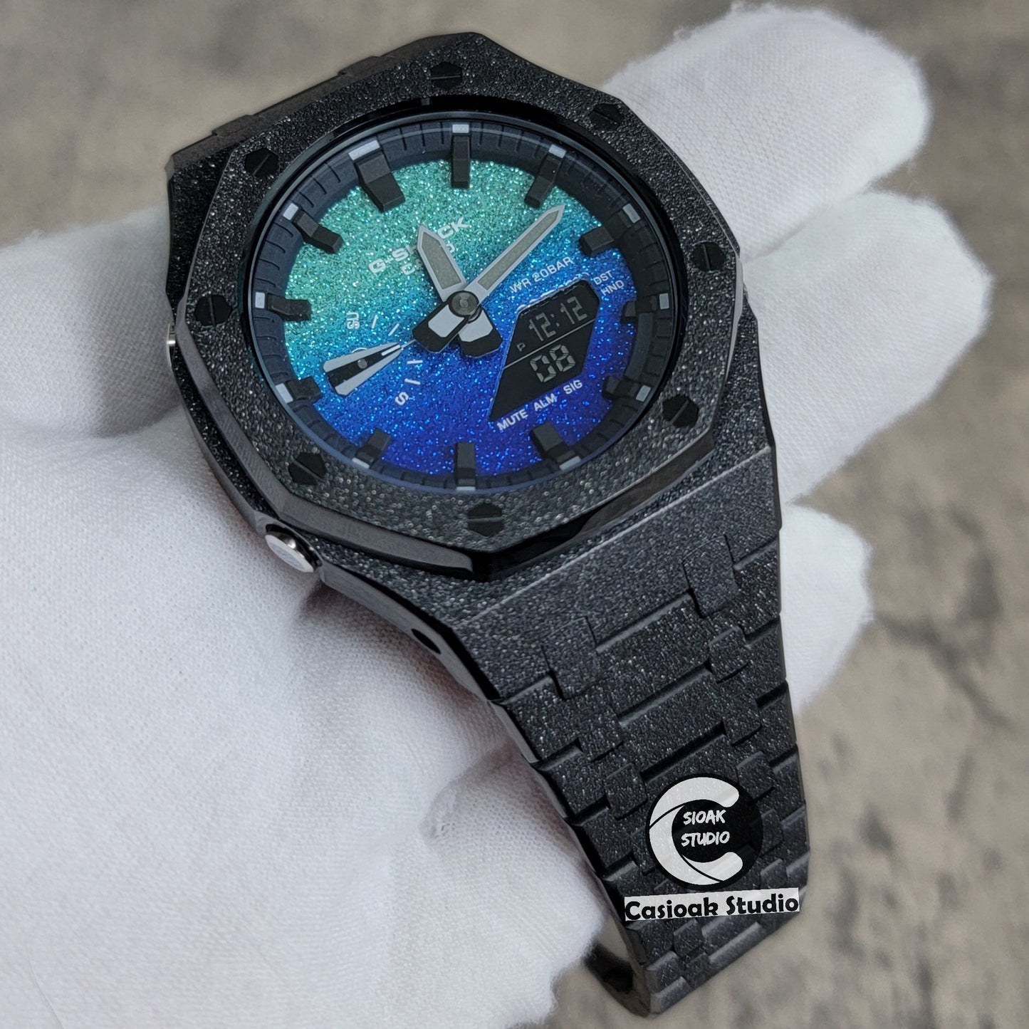 Casioak Mod Watch Frosted Black Case Metal Strap Blue Black Time Mark Starry Blue Dial 44mm - Casioak Studio