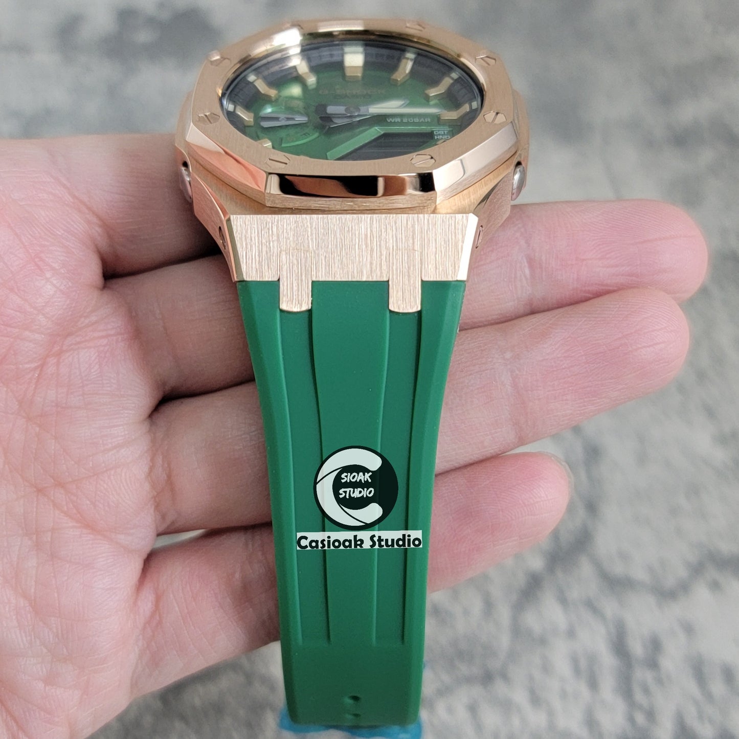 Casioak Mod Watch Rose Gold Case Green Rubber Strap Black Gold Time Mark Green Dial 44mm - Casioak Studio