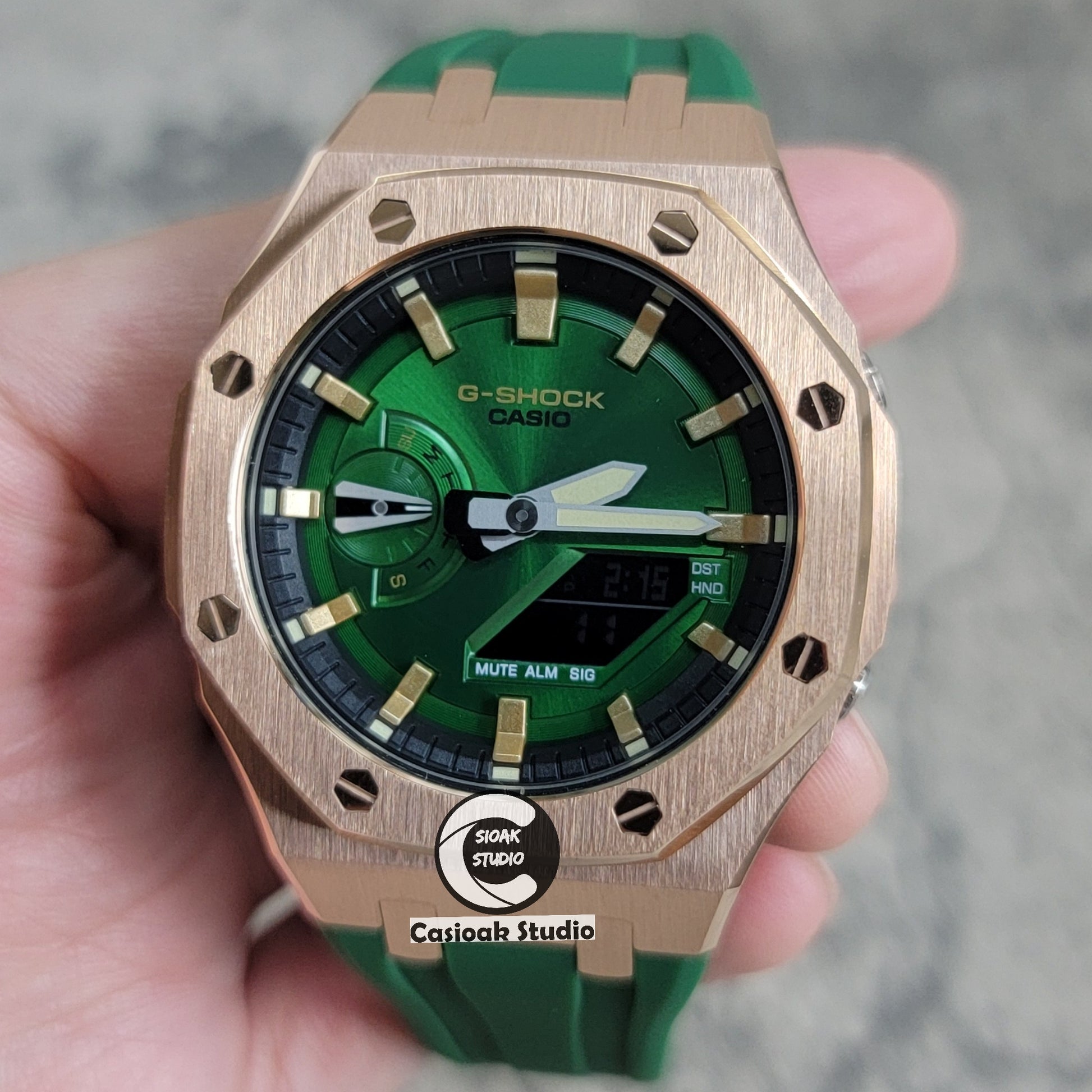 Casioak Mod Watch Rose Gold Case Green Rubber Strap Black Gold Time Mark Green Dial 44mm - Casioak Studio