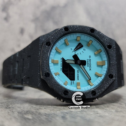 Casioak Mod Watch Frosted Black Case Metal Strap Tiffany Gold Time Mark Tiffany Blue Dial 44mm - Casioak Studio