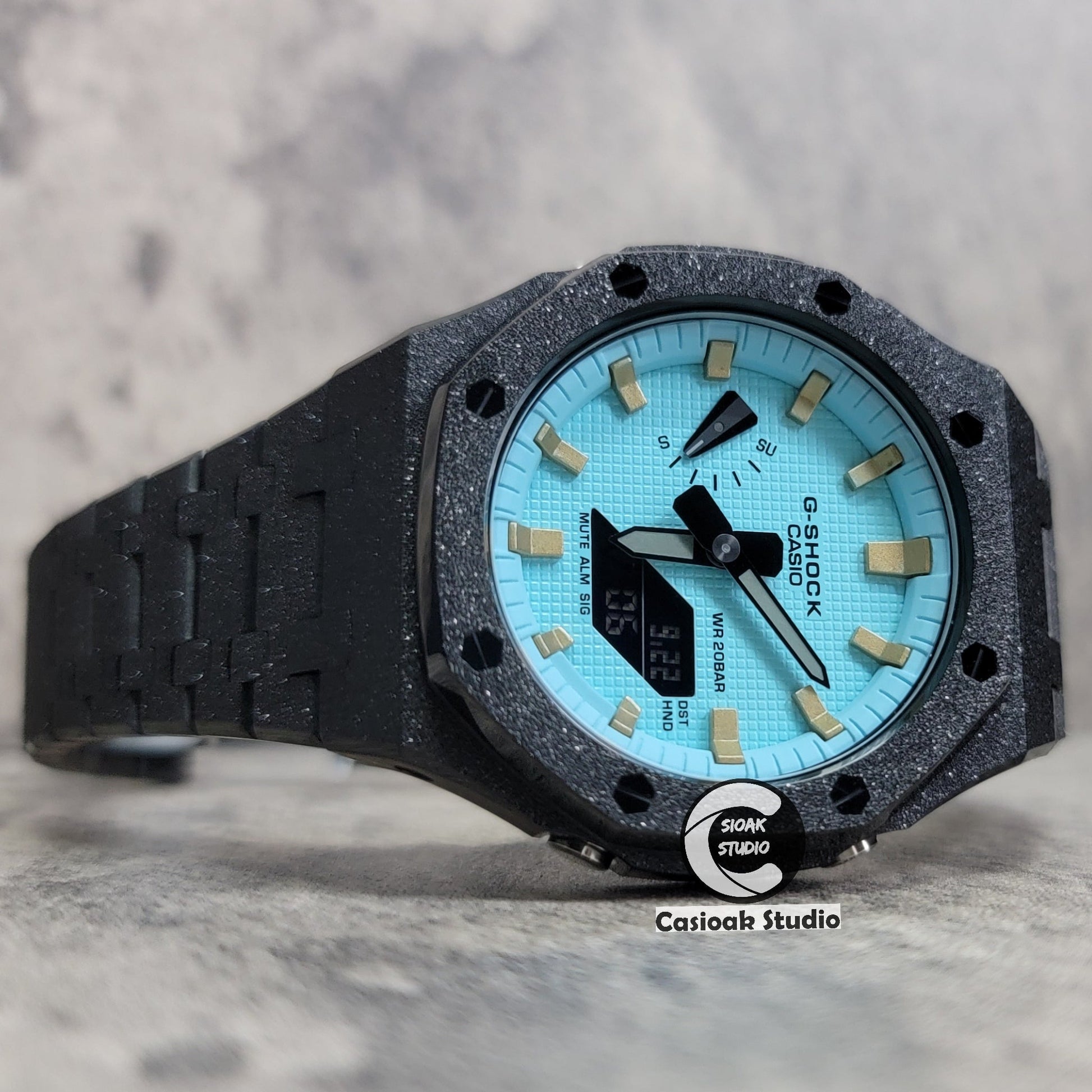 Casioak Mod Watch Frosted Black Case Metal Strap Tiffany Gold Time Mark Tiffany Blue Dial 44mm - Casioak Studio