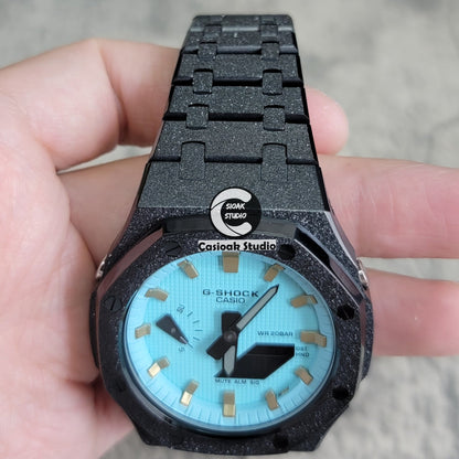 Casioak Mod Watch Frosted Black Case Metal Strap Tiffany Gold Time Mark Tiffany Blue Dial 44mm - Casioak Studio