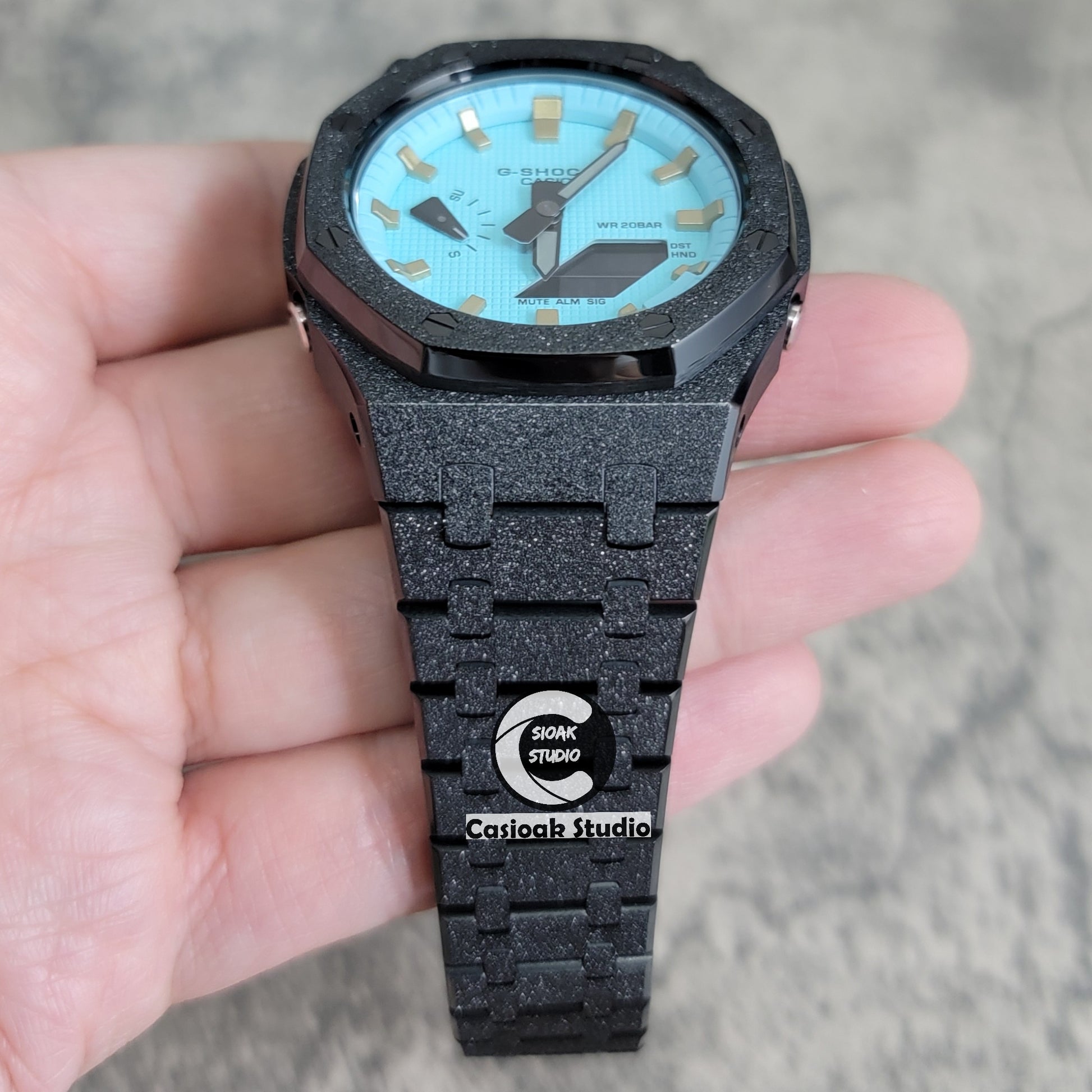 Casioak Mod Watch Frosted Black Case Metal Strap Tiffany Gold Time Mark Tiffany Blue Dial 44mm - Casioak Studio