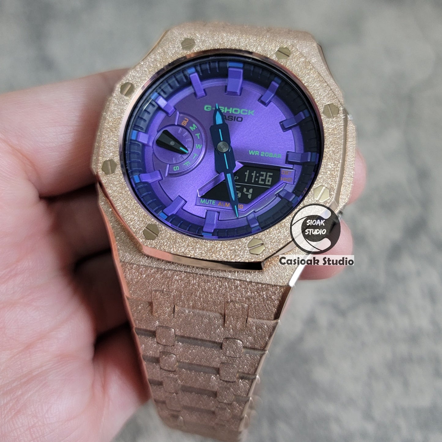 Casioak Mod Watch Frosted Rose Gold Case Metal Strap Purple Time Mark Purple Dial 44mm - Casioak Studio