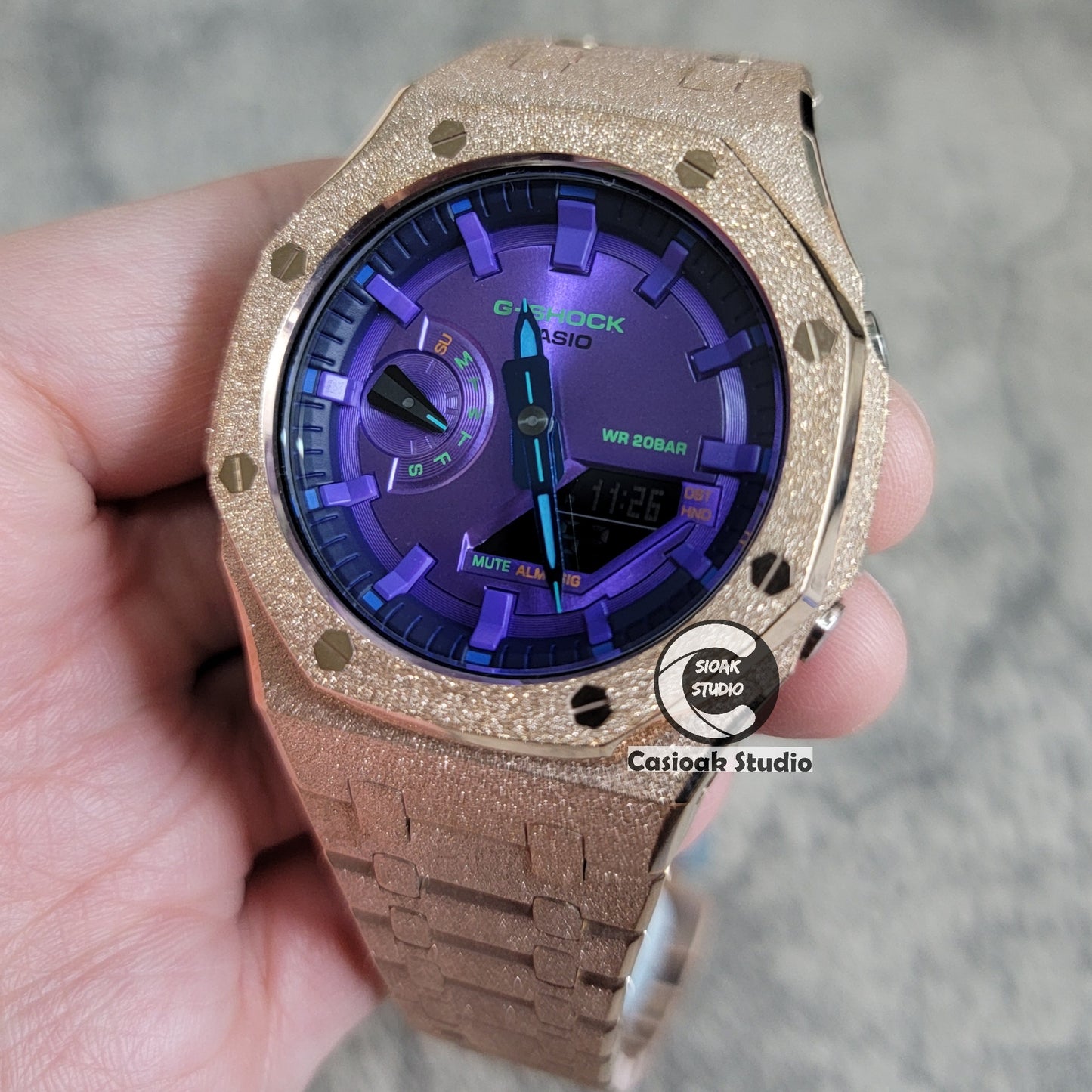 Casioak Mod Watch Frosted Rose Gold Case Metal Strap Purple Time Mark Purple Dial 44mm - Casioak Studio