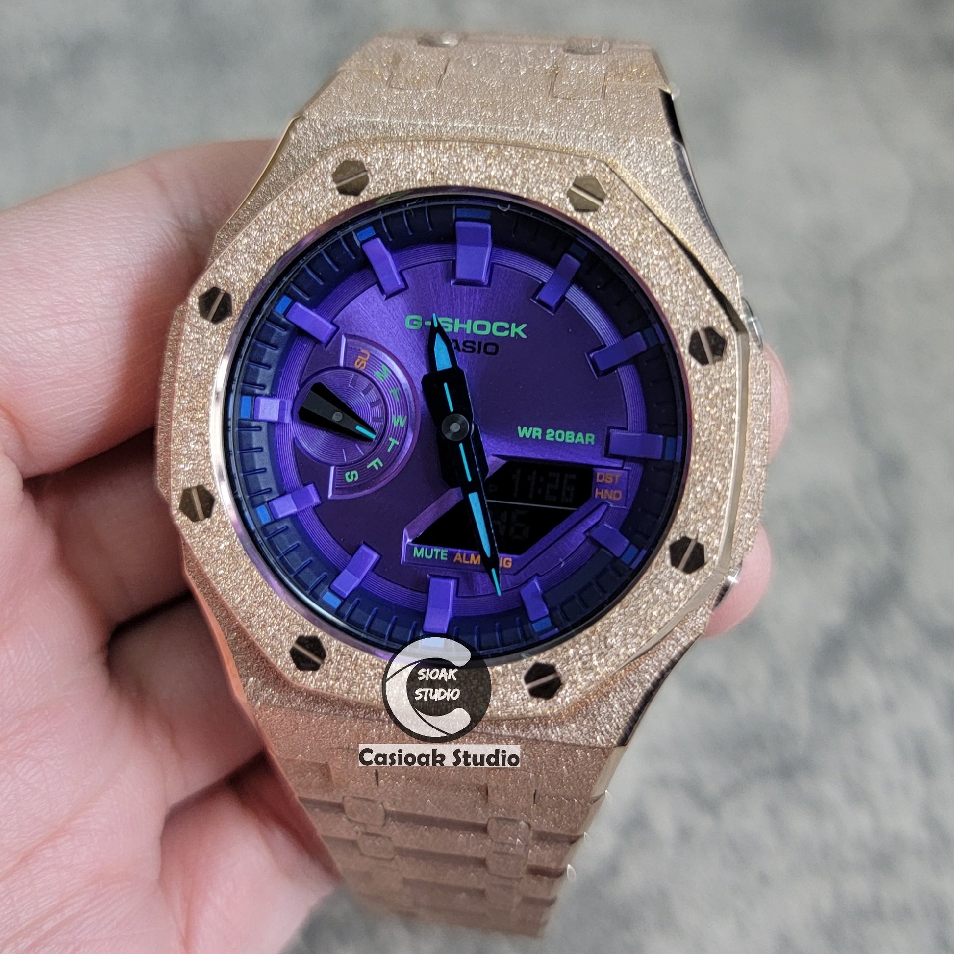 Casioak Mod Watch Frosted Rose Gold Case Metal Strap Purple Time Mark Purple Dial 44mm - Casioak Studio