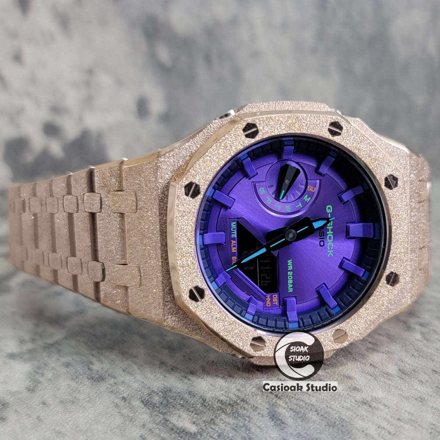 Casioak Mod Watch Frosted Rose Gold Case Metal Strap Purple Time Mark Purple Dial 44mm - Casioak Studio