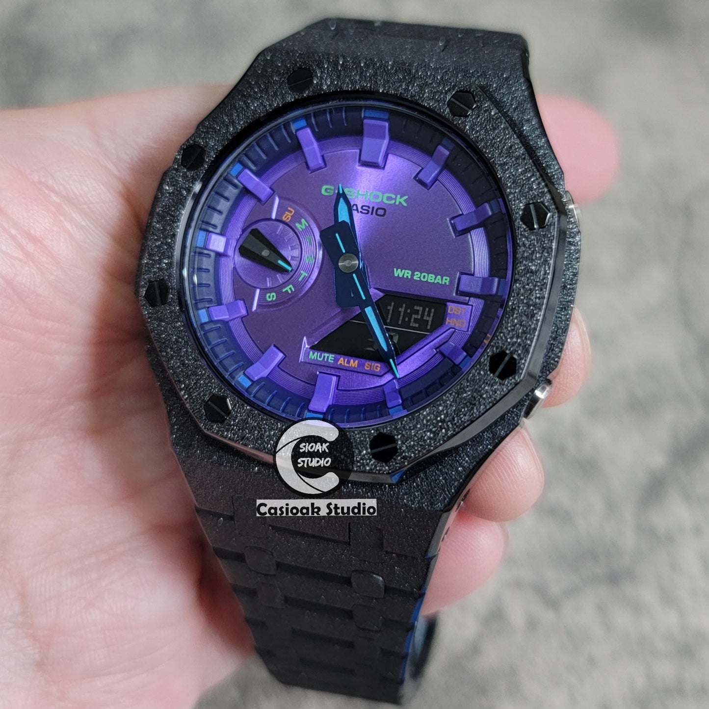 Casioak Mod Watch Frosted Black Case Metal Strap Purple Time Mark Purple Dial 44mm - Casioak Studio