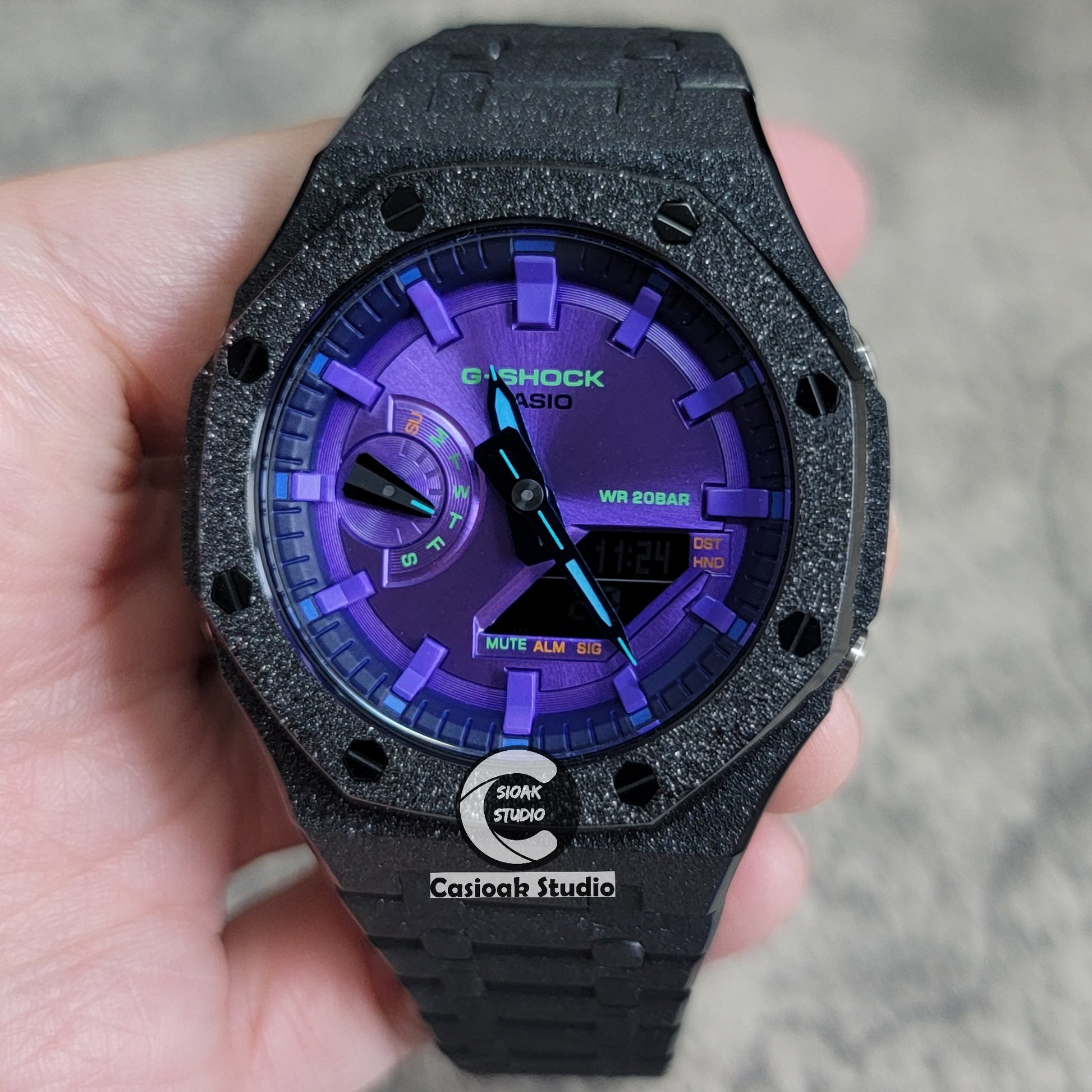 Casioak Mod Watch Frosted Black Case Metal Strap Purple Time Mark Purple Dial 44mm - Casioak Studio