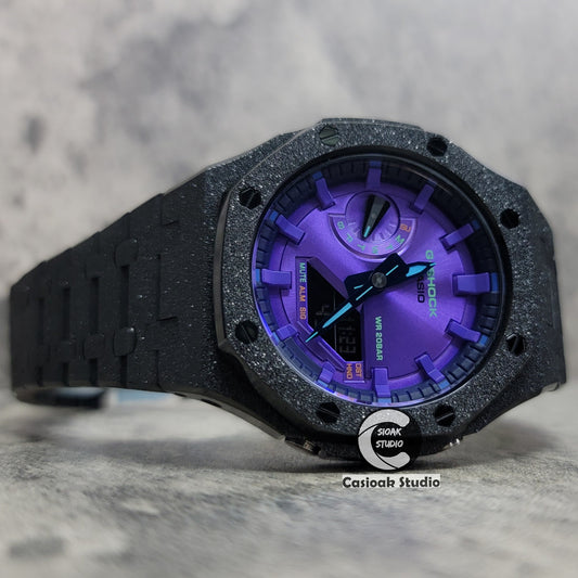 Casioak Mod Watch Frosted Black Case Metal Strap Purple Time Mark Purple Dial 44mm - Casioak Studio