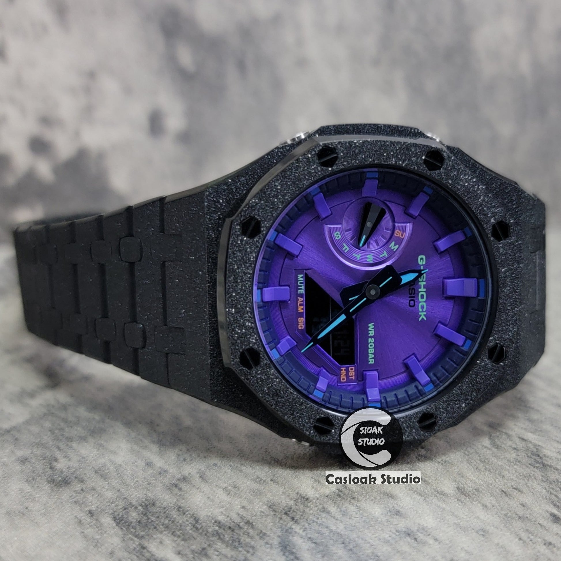 Casioak Mod Watch Frosted Black Case Metal Strap Purple Time Mark Purple Dial 44mm - Casioak Studio