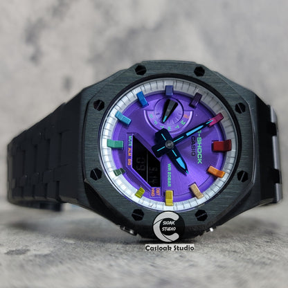 Casioak Mod Watch Black Case Metal Strap Silver Rainbow Time Mark Purple Dial 44mm - Casioak Studio