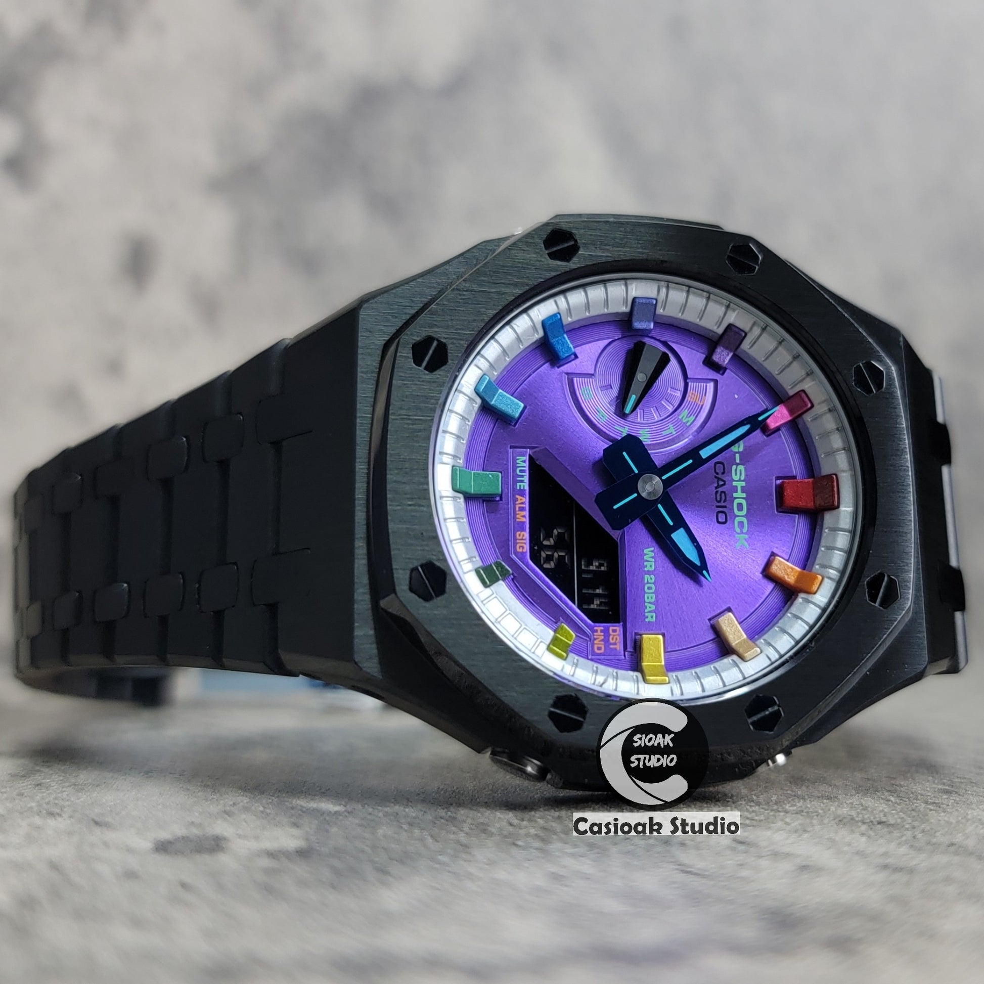 Casioak Mod Watch Black Case Metal Strap Silver Rainbow Time Mark Purple Dial 44mm - Casioak Studio