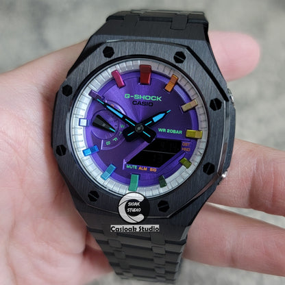 Casioak Mod Watch Black Case Metal Strap Silver Rainbow Time Mark Purple Dial 44mm - Casioak Studio