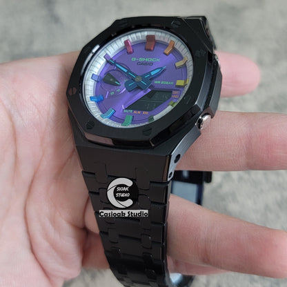 Casioak Mod Watch Black Case Metal Strap Silver Rainbow Time Mark Purple Dial 44mm - Casioak Studio