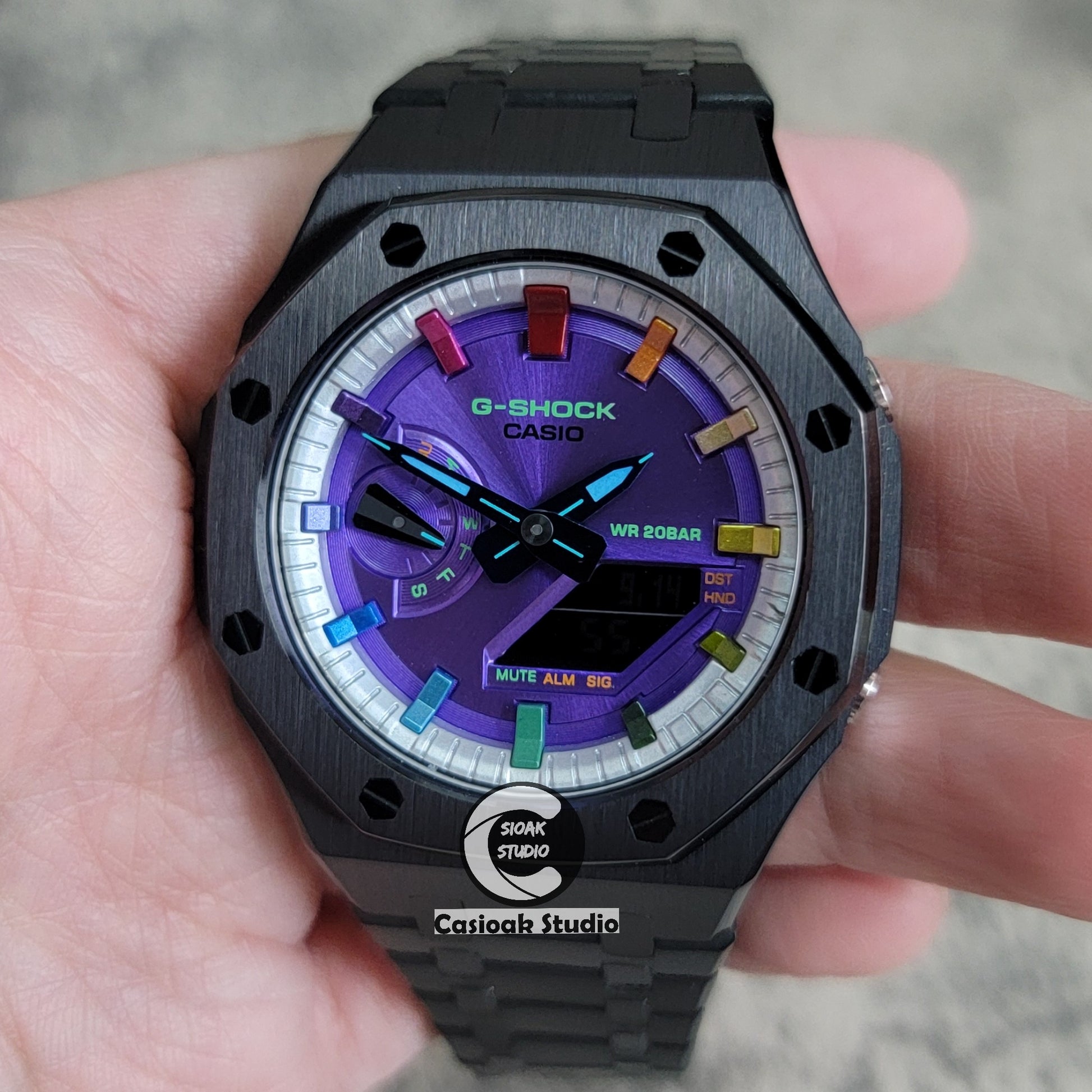 Casioak Mod Watch Black Case Metal Strap Silver Rainbow Time Mark Purple Dial 44mm - Casioak Studio